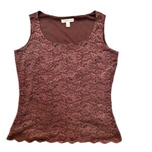 Coldwater Creek Women's Sz XS Tank Top Brown Knit Lace Shirt Full Lace